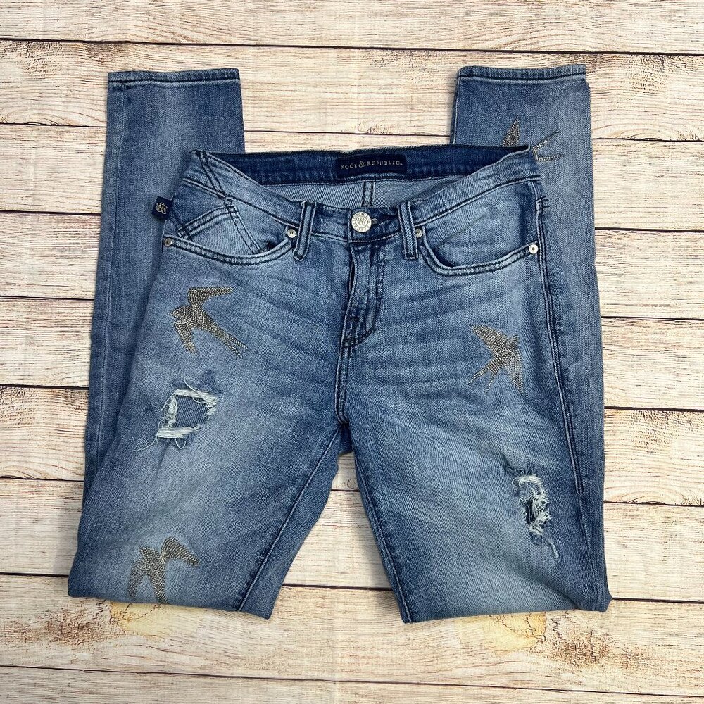 Rock & Republic‎ Berlin Skinny Jeans Womens 6 Distressed Embellished Medium Wash